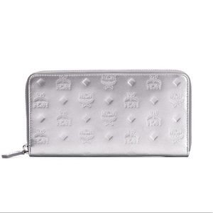MCM Silver Embossed Zip Around Wallet